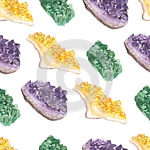 Watercolor seamless pattern with healing crystals of emerald, citrine, amethyst