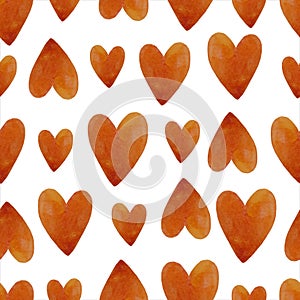 Watercolor seamless pattern with hearts. Abstract watercolor orange heart background.