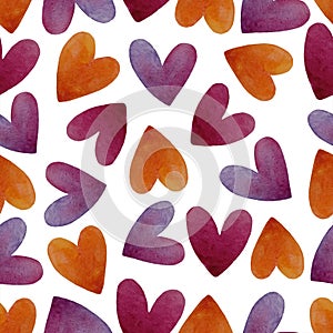 Watercolor seamless pattern with hearts. Abstract watercolor ,purple, orange, red heart background.