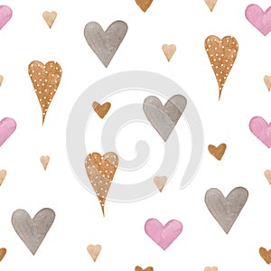 Watercolor seamless pattern of hearts in BOHO style.