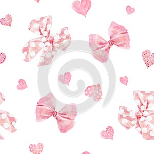 Watercolor seamless pattern with hearts and bows isolated on white background. Hand drawn watercolor illustration