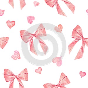 Watercolor seamless pattern with hearts and bows isolated on white background. Hand drawn watercolor illustration