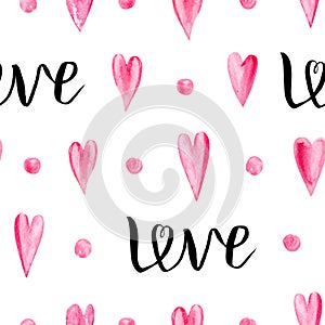 Watercolor seamless pattern with hearts and lettering LOVE.