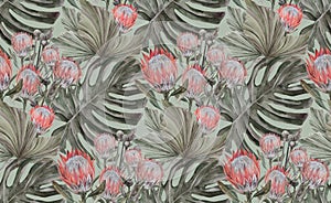 watercolor seamless pattern with herbarium of dry palm leaves, protea and monstera flower