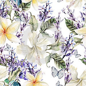 Watercolor seamless pattern with hibiscus flowers and lavender.