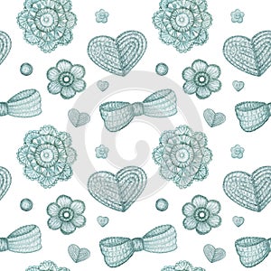 Watercolor Seamless pattern Hobby Crochet heart, bow, flower, hook, buttons on white background. Scandinavian style