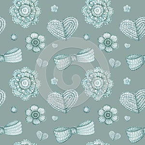 Watercolor Seamless pattern Hobby Crochet heart, bow, flower, hook, buttons on white background. Scandinavian style