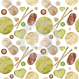 Watercolor Seamless pattern Hobby Knitting. Collection of hand drawn green, beige, brown colors elements of knitting