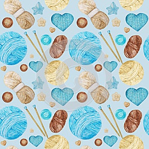 Watercolor Seamless pattern Hobby Knitting. Collection of hand drawn light blue, beige, brown colors elements of