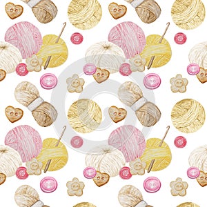 Watercolor Seamless pattern Hobby Knitting. Collection of hand drawn pink, yellow, beige, brown colors elements of