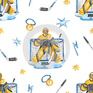 Watercolor seamless pattern with hockey goalie, stick, medal, goal for prints and textures