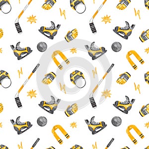 Watercolor seamless pattern with hockey items, hockey skates, stick, puck, helmet for prints and textures on a white background