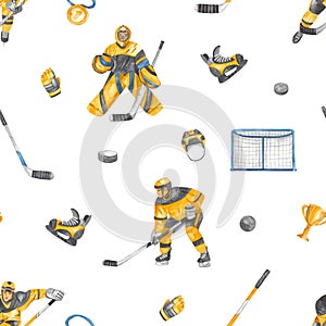 Watercolor seamless pattern with hockey player, goalkeeper, stick, cup, puck, cup for prints and textures