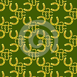 Watercolor seamless pattern with horseshoes. Illustrations with metal and natural texture in vintage style on green