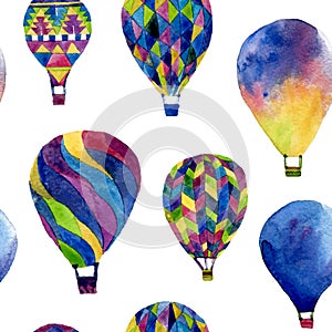 Watercolor seamless pattern with hot air balloon