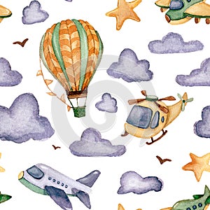 watercolor seamless pattern with a hot air balloon, airplane, helicopter. Sky with stars