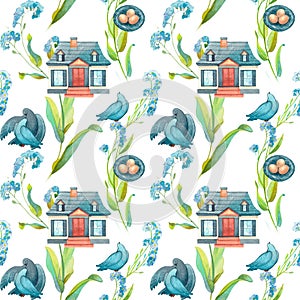 Watercolor seamless pattern with house, couple of birds, nest and small blue flowers.