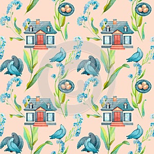 Watercolor seamless pattern with house, couple of birds, nest and small blue flowers.