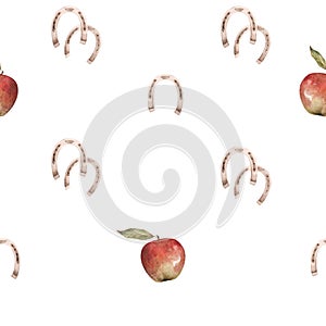 Watercolor seamless pattern with illustration of horseshoes and red apples