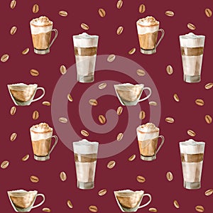 Watercolor seamless pattern with illustrations of coffee cup, coffee beans, coffee grinder, cappuccino, latte