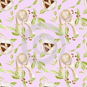 Watercolor seamless pattern with illustrations of coffee cup, coffee beans, coffee grinder, cappuccino, latte and desserts