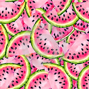 Watercolor seamless pattern with the image of a watermelon. Juicy pulp and seeds for print design, banner, poster, cover,