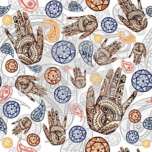 Watercolor seamless pattern on Indian theme, turkish cucumber in red and orange colors with human hands, palms with a pattern of m