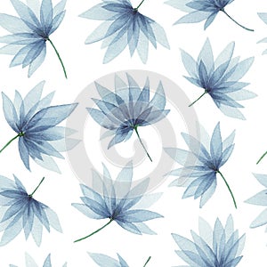 Watercolor Seamless Pattern indigo blue beautiful flowers,