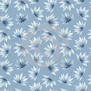 Watercolor Seamless Pattern indigo blue beautiful flowers on calm  grey