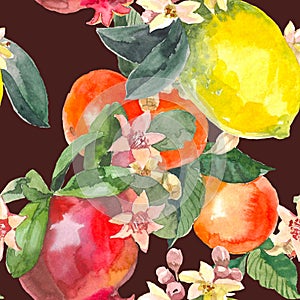 Watercolor seamless pattern of isolated hand drawn oranges, pomegranate, lemon and flowers in sketch style on black
