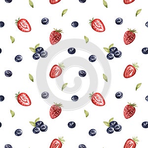 Watercolor seamless pattern of juicu wild berries blueberries, raspberries, lingonberries, strawberries, blueberries