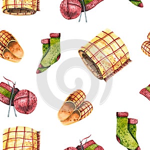 Watercolor seamless pattern of knitted socks, yarn, knitting, plaid, slippers. Illustration isolated on white. Hand drawn template