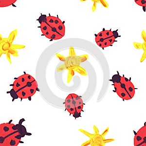 Watercolor seamless pattern. Ladybugs and suns. Design for textile, packaging, wallpaper. Children`s drawing