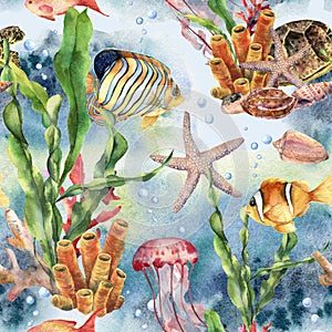 Watercolor seamless pattern with laminaria branch, coral reef and sea animals. Hand painted jellyfish, starfish