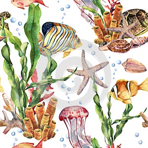 Watercolor seamless pattern with laminaria branch, coral reef and sea animals. Hand painted jellyfish, starfish