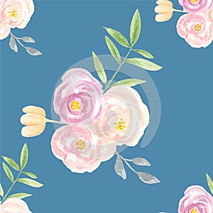 Watercolor Seamless Pattern Leaves Blue Pink Floral Flowers Spring Summer