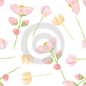 Watercolor Seamless Pattern Leaves Pink Floral Flowers Spring Summer