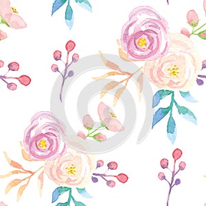 Watercolor Seamless Pattern Leaves Purple Pink Floral Flowers Spring Summer