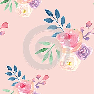 Watercolor Seamless Pattern Leaves Purple Pink Floral Flowers Spring Summer