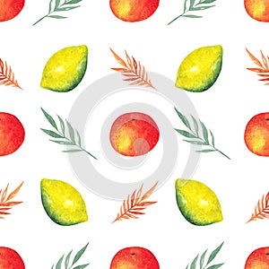 Watercolor Seamless Pattern with Lemons and Oranges and Tropical Leaves on a White Background