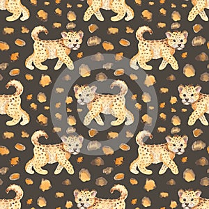 Watercolor seamless pattern with leopard and leopard spots.