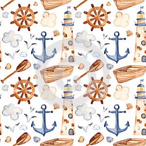 Watercolor seamless pattern with lighthouse, paddle, boat.