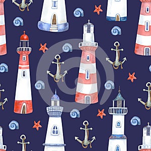 Watercolor seamless pattern with  lighthouses and anchor on navy blue.