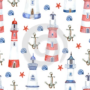 Watercolor seamless pattern with lighthouses, starfish and anchor on white.