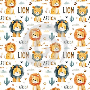 Watercolor seamless pattern with lions, \