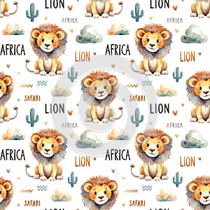 Watercolor seamless pattern with lions isolated on white background