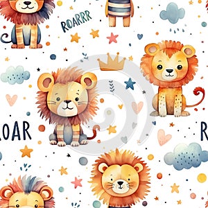 Watercolor seamless pattern with lions isolated on white background