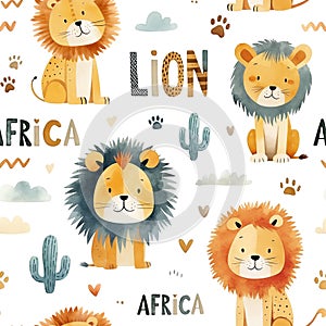 Watercolor seamless pattern with lions with lettering, cacti and footprints