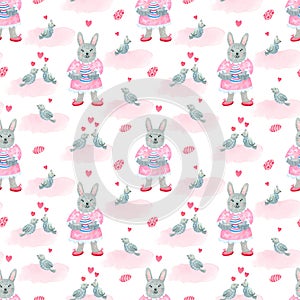 Watercolor seamless pattern with little girl rabbits with an Easter egg and pink clouds