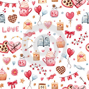 Watercolor seamless pattern with love symbols and sweets. Hand drawn cute elements as balloons, garland, flags, hearts